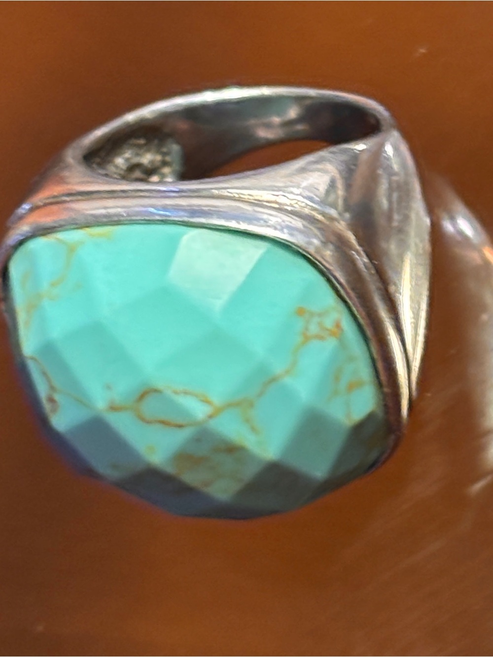 Vintage - Large NF 925 Thailand Faceted Turquoise Silver Ring - size 7.5